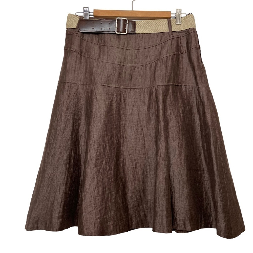 Steilmann silk A line skirt brown distressed belted waist size 8